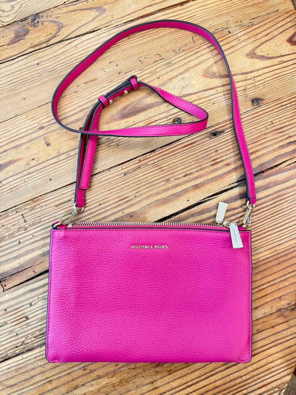 Michael Kors Hot Pink Pebbled Leather Crossbody Bag Zip Top Adjustable Strap
